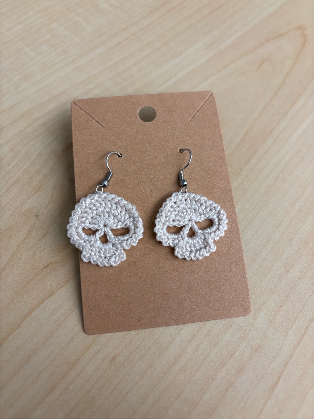 Crochet Skull Dangle Earrings in Cream - Lightweight Women’s Jewelry